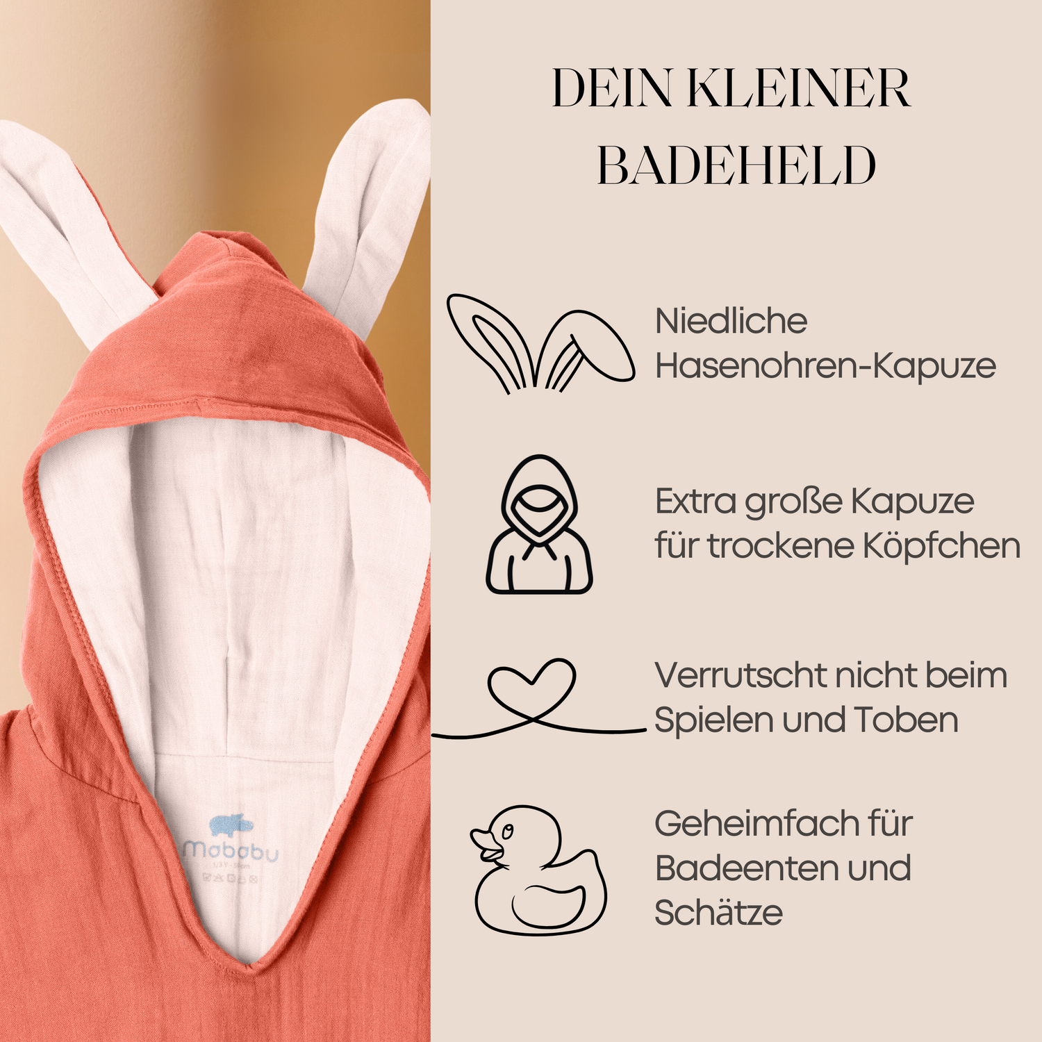 Bio-Baumwolle Badeponcho für Kinder – GOTS zertifiziert, in 5 Farben (1-3 Jahre, 4-7 Jahre)