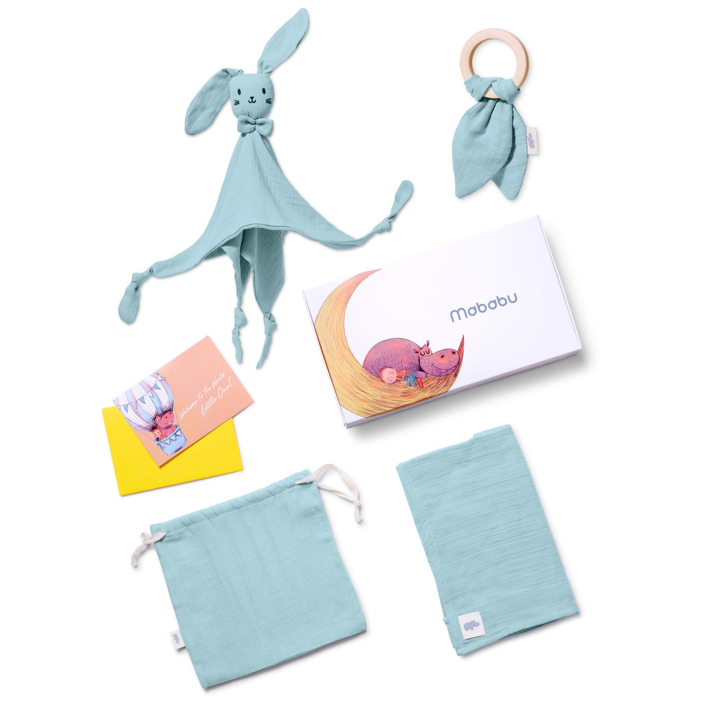 Set regalo in mussola con panno per le coccole, anello per la dentizione, panno per il ruttino e sacchetto in un'elegante confezione regalo.