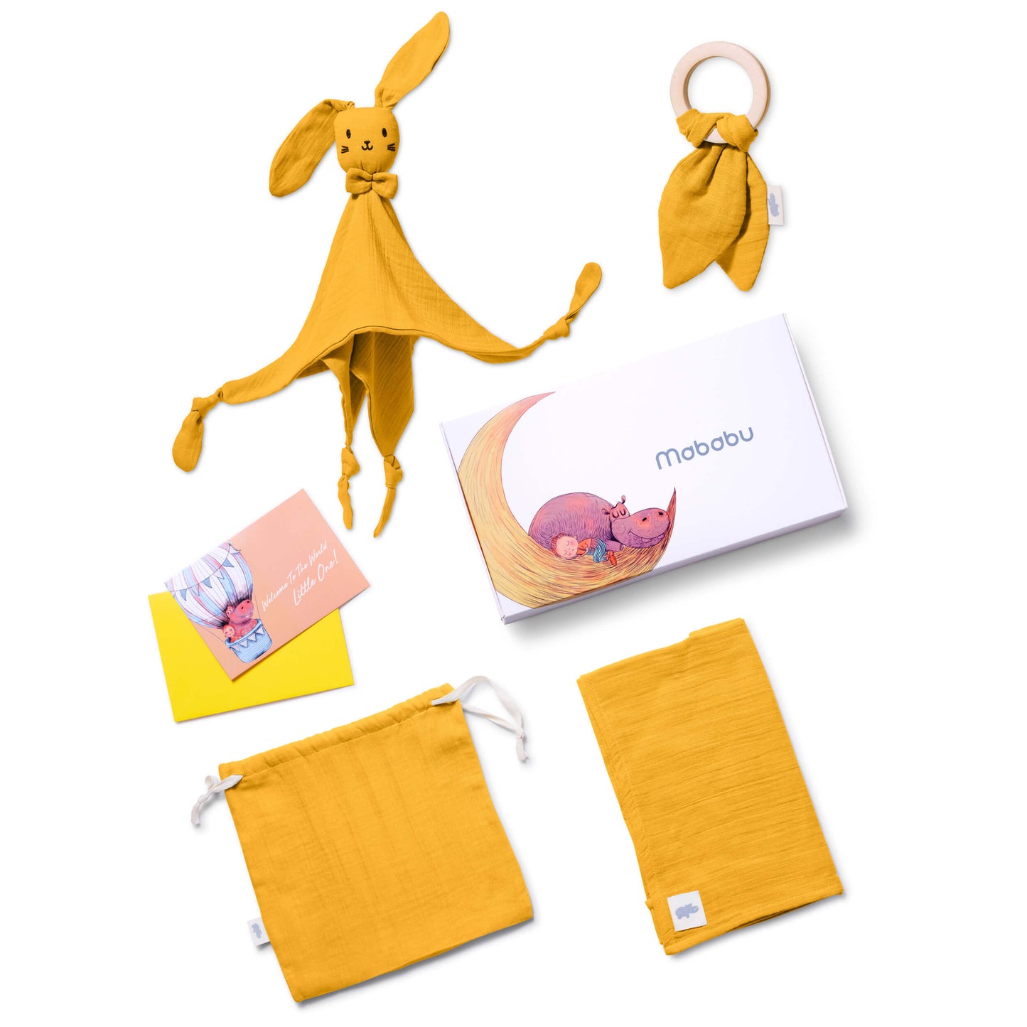 Set regalo in mussola con panno per le coccole, anello per la dentizione, panno per il ruttino e sacchetto in un'elegante confezione regalo.
