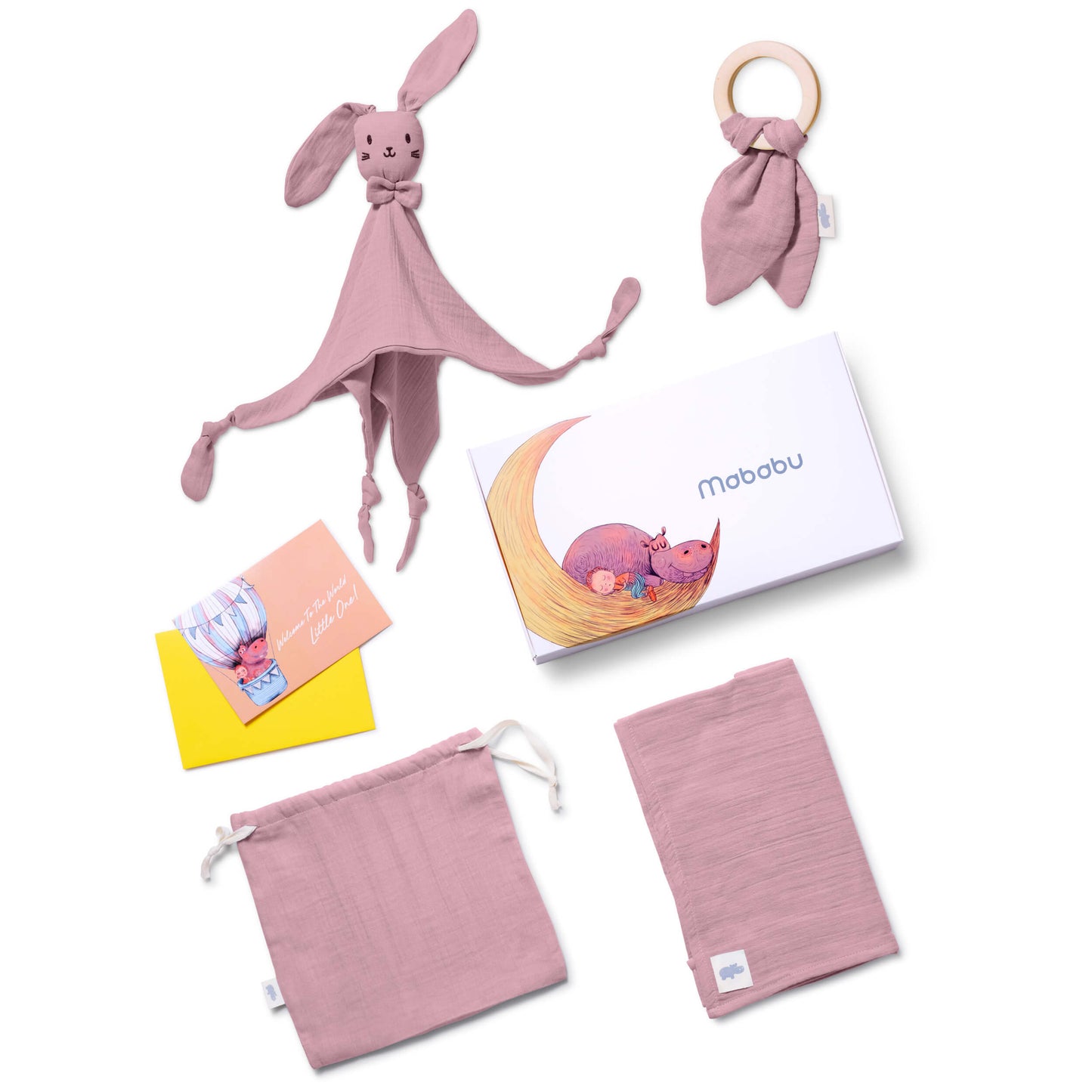 Set regalo in mussola con panno per le coccole, anello per la dentizione, panno per il ruttino e sacchetto in un'elegante confezione regalo.
