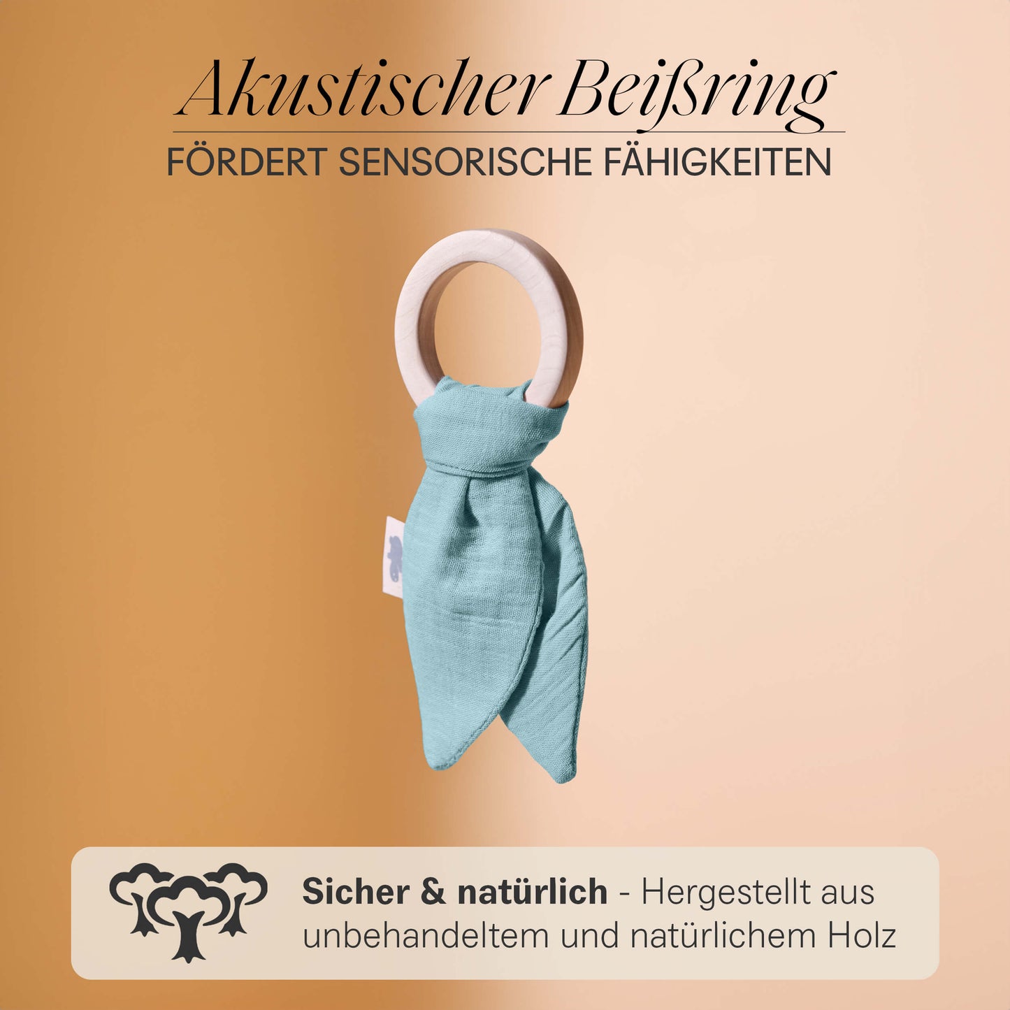 Set regalo in mussola con panno per le coccole, anello per la dentizione, panno per il ruttino e sacchetto in un'elegante confezione regalo.