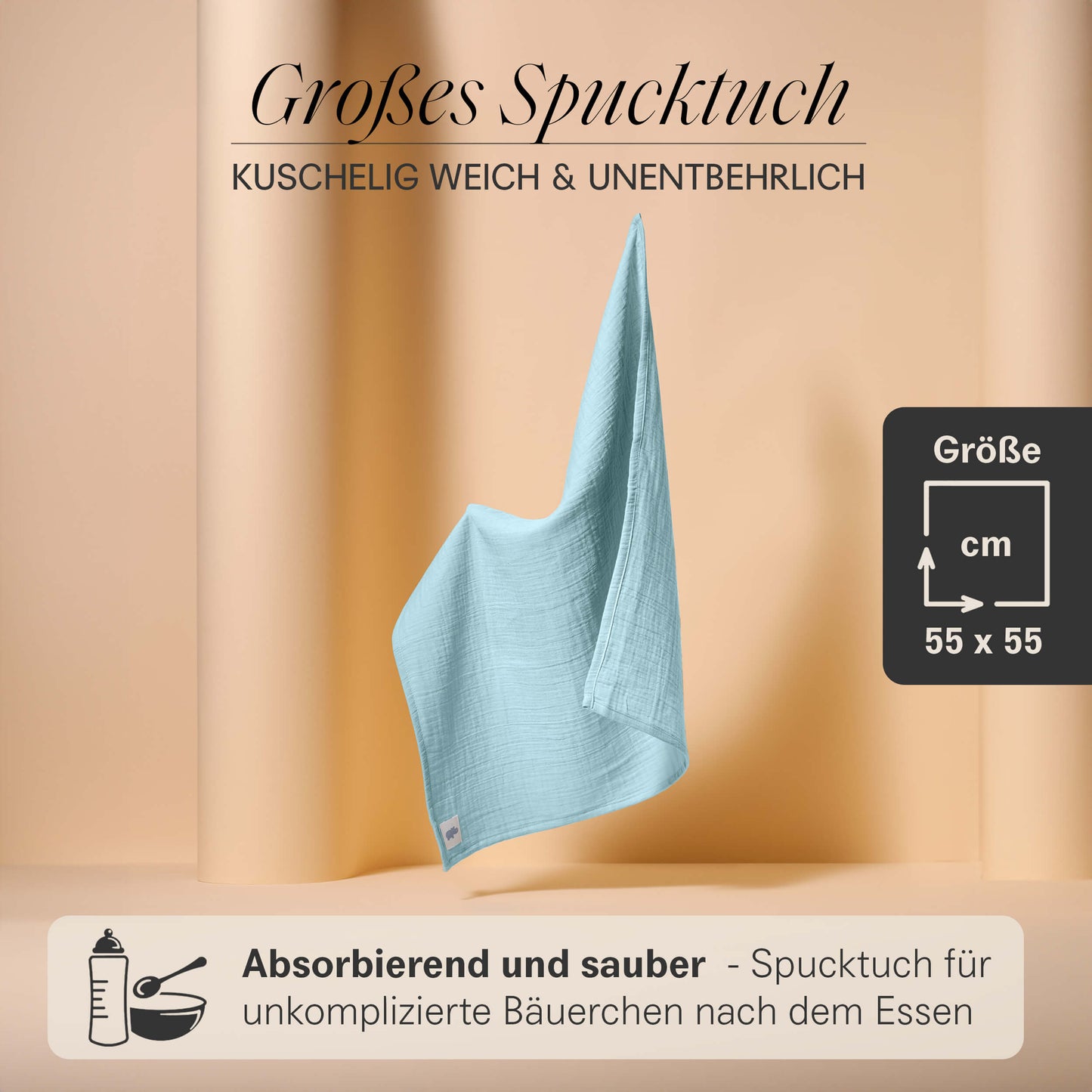 Set regalo in mussola con panno per le coccole, anello per la dentizione, panno per il ruttino e sacchetto in un'elegante confezione regalo.