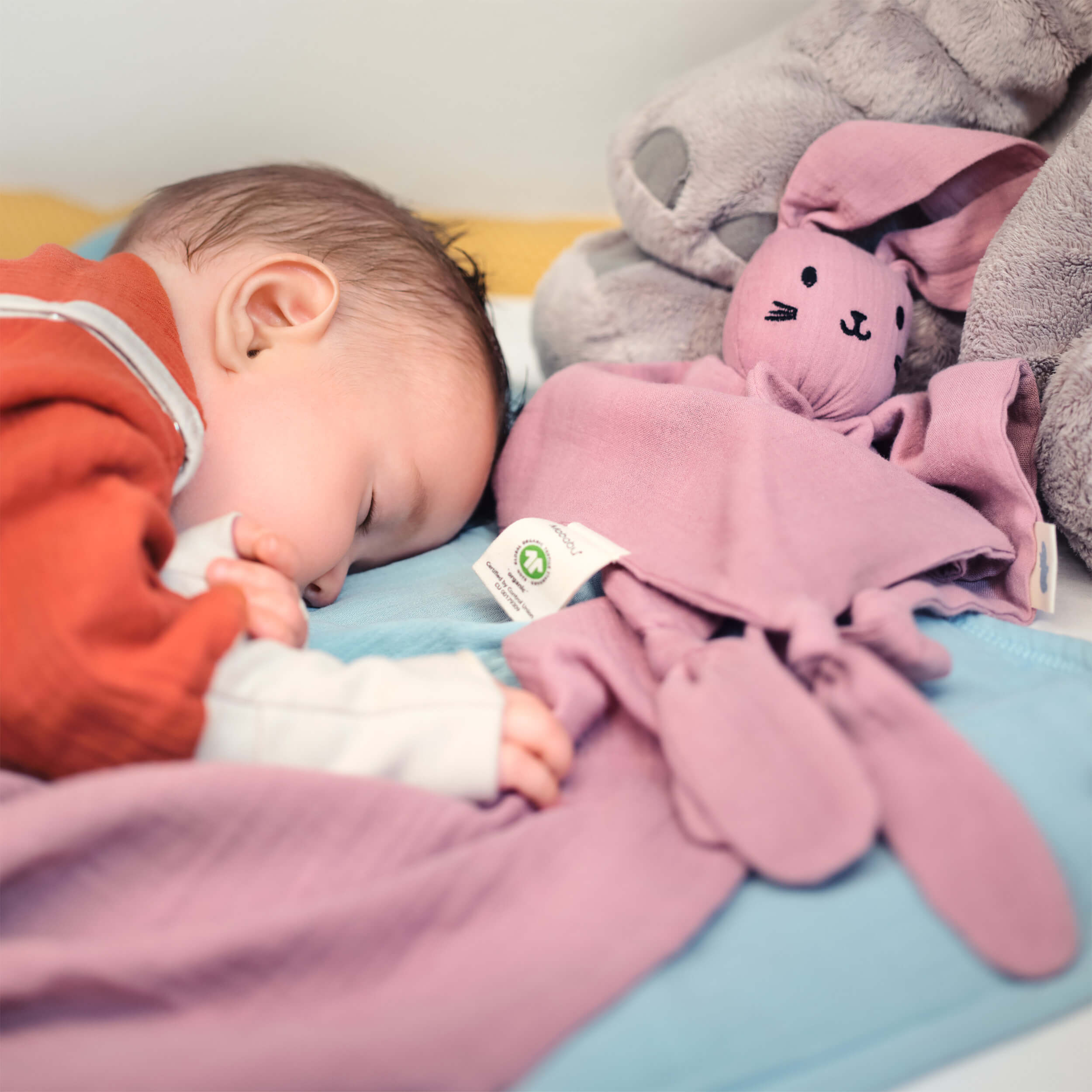 Panno per coccole coniglietto (Dusty Rose), panno per coccole, ausilio per la nanna del bebè, piumone coniglietto 100% mussola di cotone GOTS