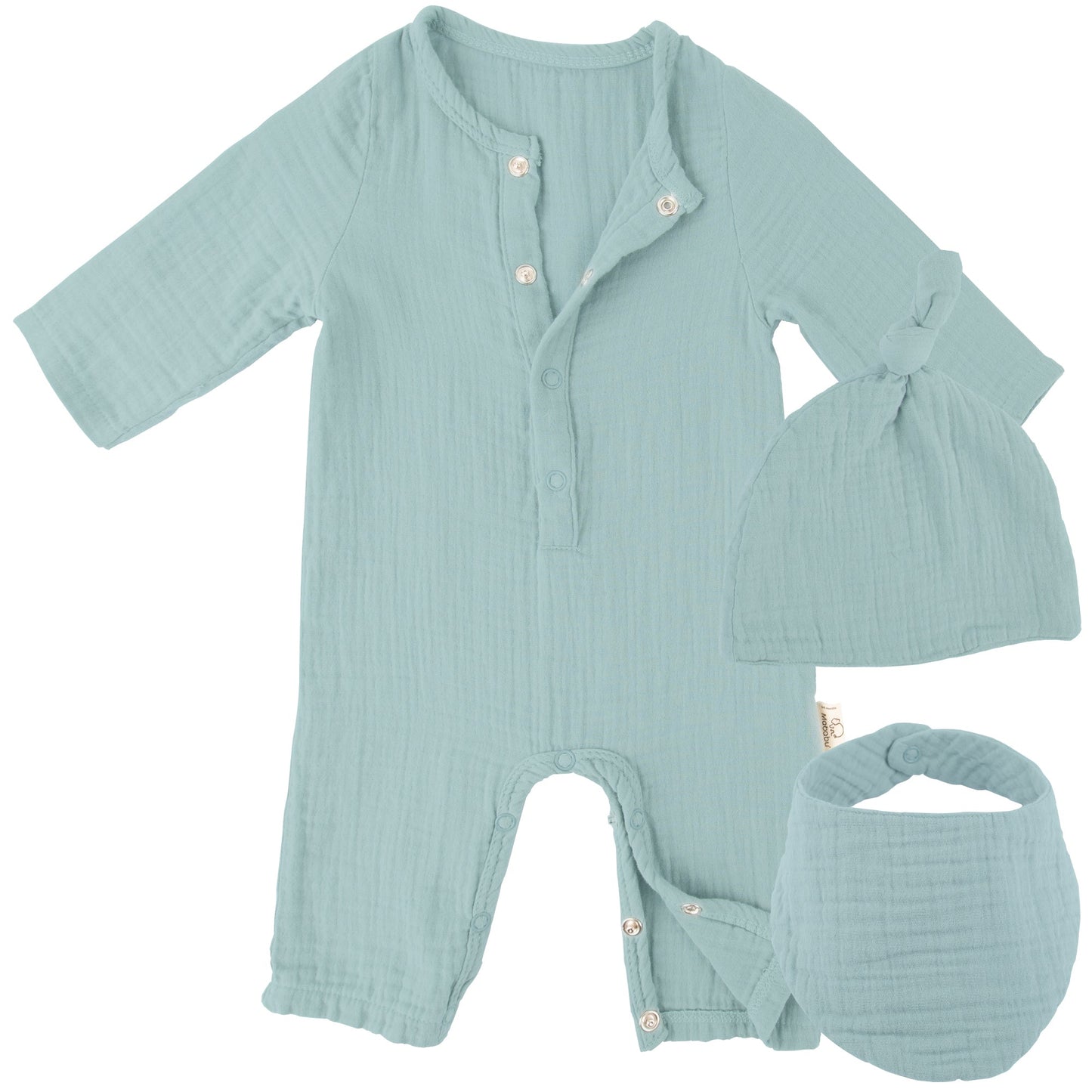 Geschenkset für Babys und Neugeborene aus wunderbar weichem Bio Musselin. Mit Strampler, Lätzchen und Mütze. #color_sea-green