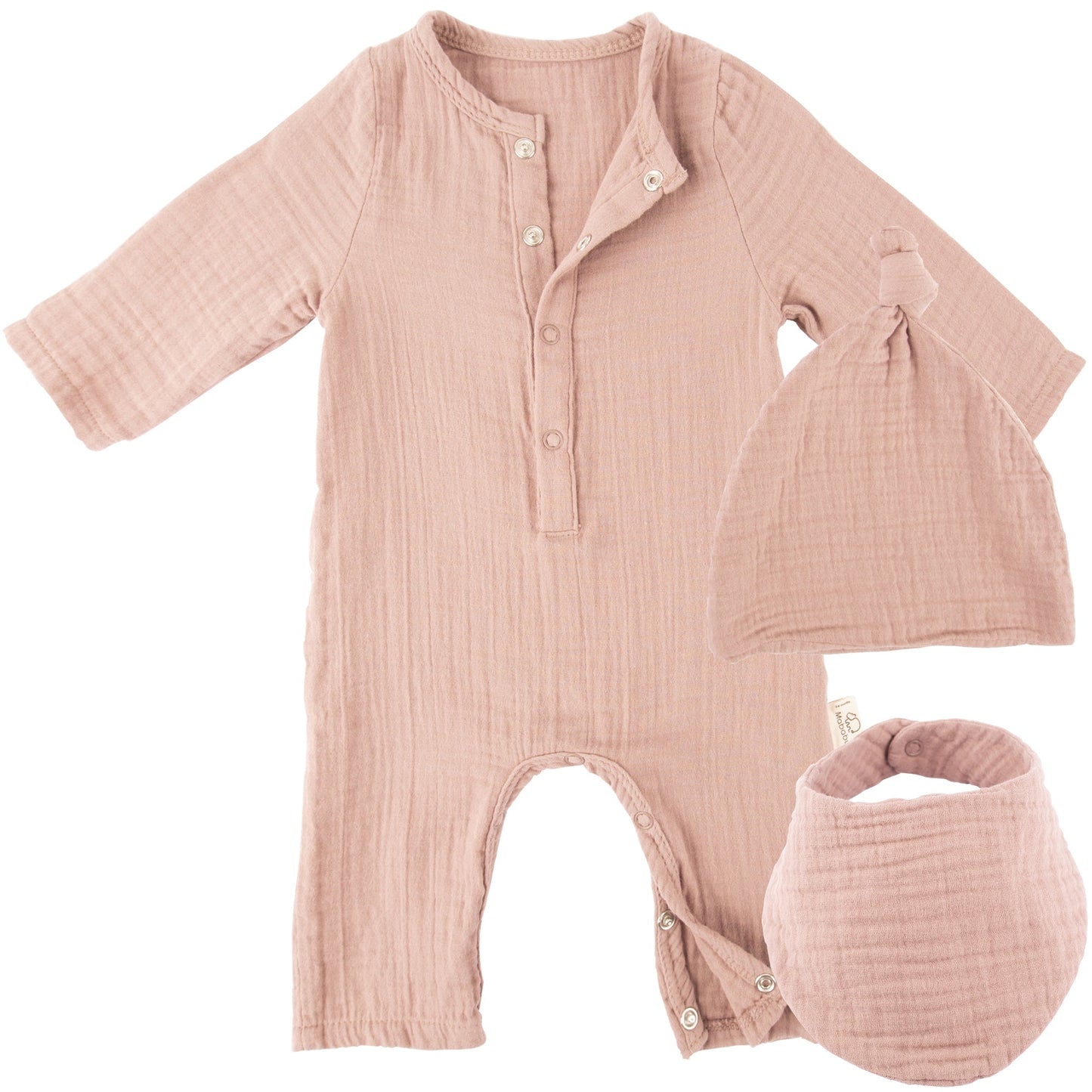 Geschenkset für Babys und Neugeborene aus wunderbar weichem Bio Musselin. Mit Strampler, Lätzchen und Mütze. #color_dusty-rose
