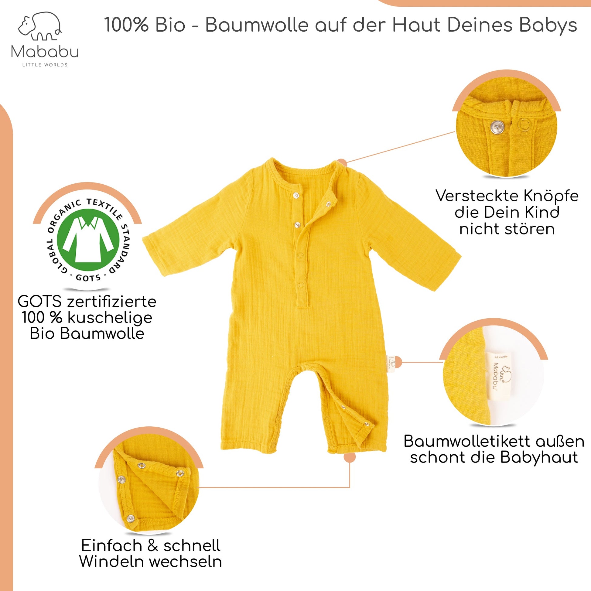 Geschenkset für Babys und Neugeborene aus wunderbar weichem Bio Musselin. Mit Strampler, Lätzchen und Mütze. #color_mustard