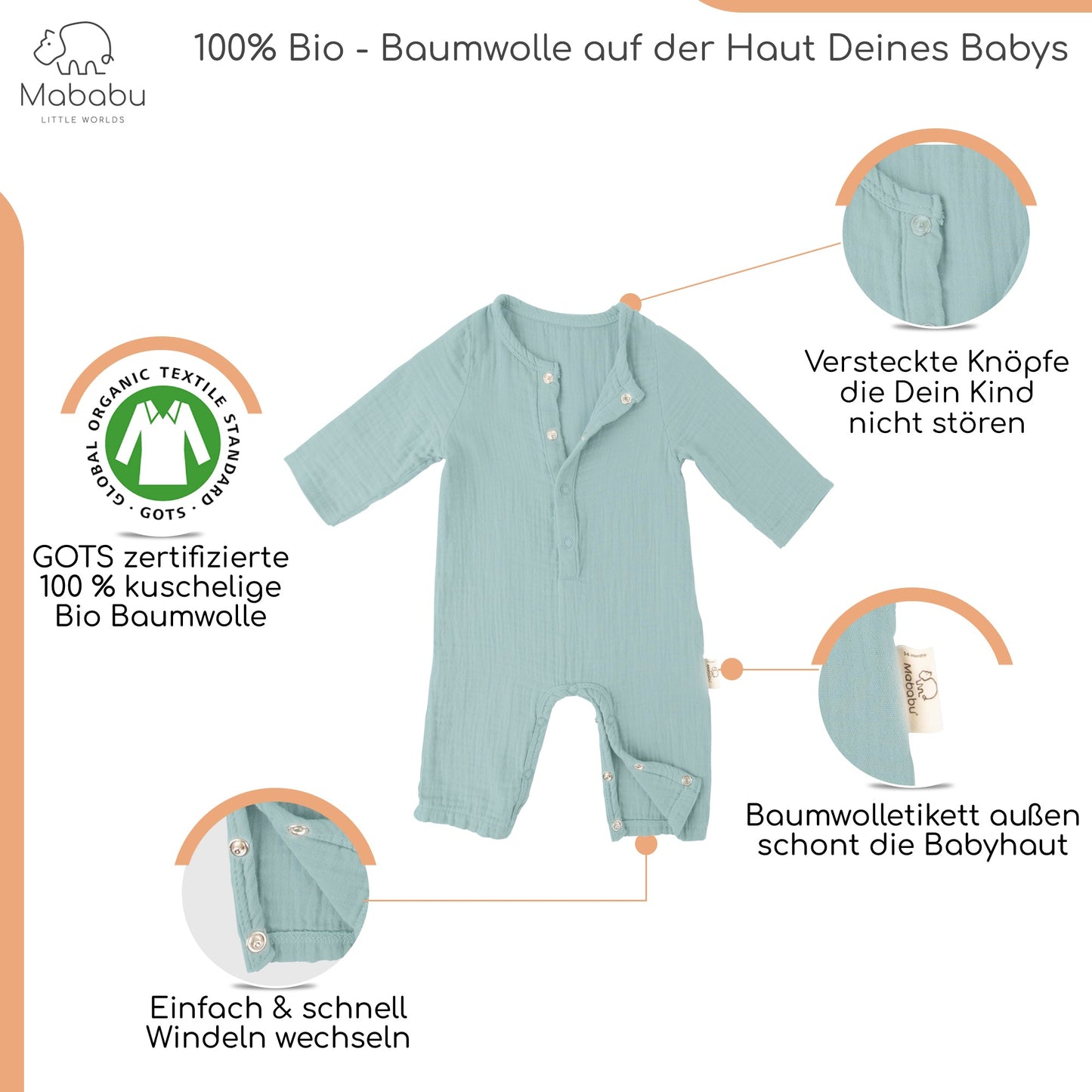 Geschenkset für Babys und Neugeborene aus wunderbar weichem Bio Musselin. Mit Strampler, Lätzchen und Mütze. #color_sea-green
