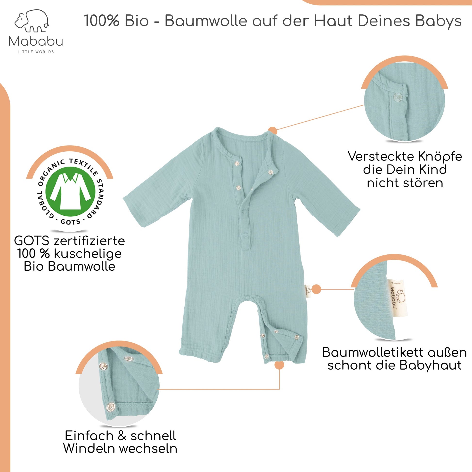 Geschenkset für Babys und Neugeborene aus wunderbar weichem Bio Musselin. Mit Strampler, Lätzchen und Mütze. #color_sea-green