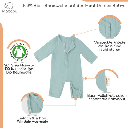 Geschenkset für Babys und Neugeborene aus wunderbar weichem Bio Musselin. Mit Strampler, Lätzchen und Mütze. 