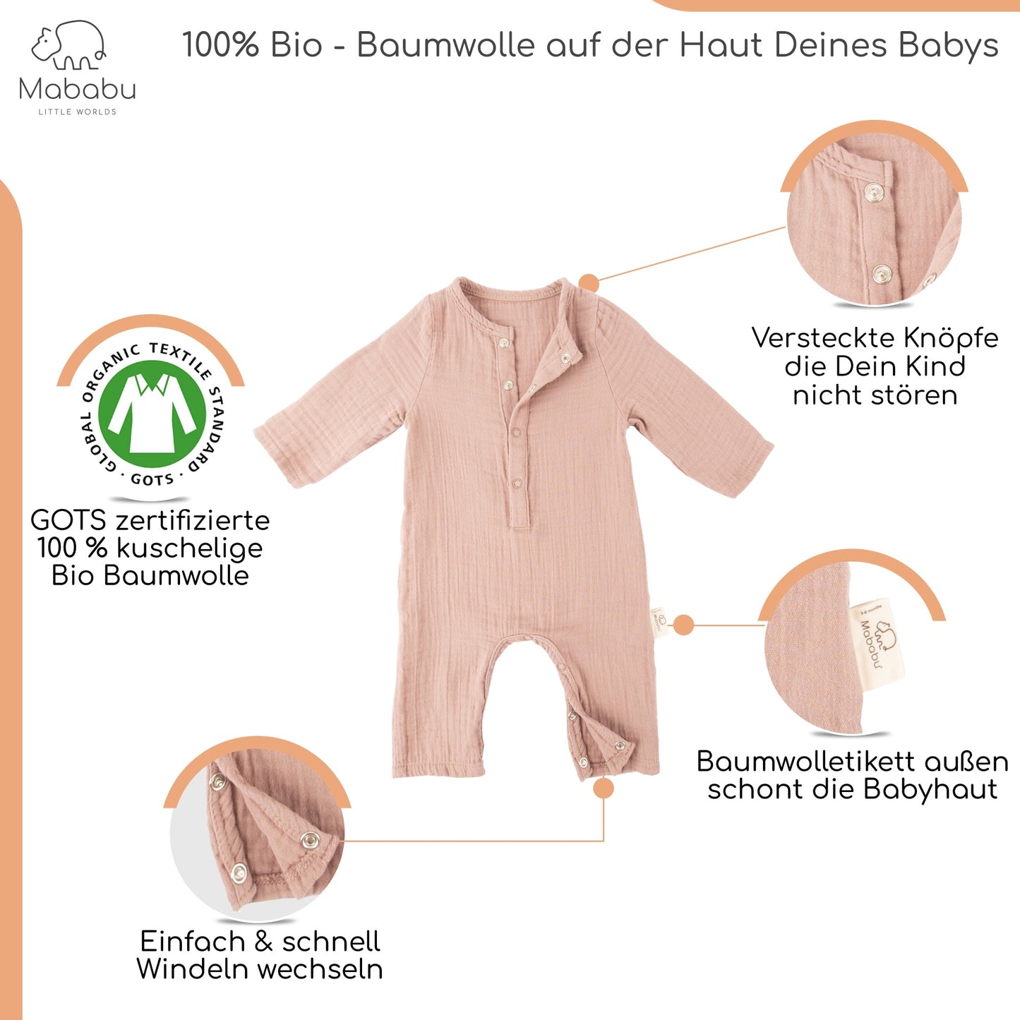 Geschenkset für Babys und Neugeborene aus wunderbar weichem Bio Musselin. Mit Strampler, Lätzchen und Mütze. #color_dusty-rose