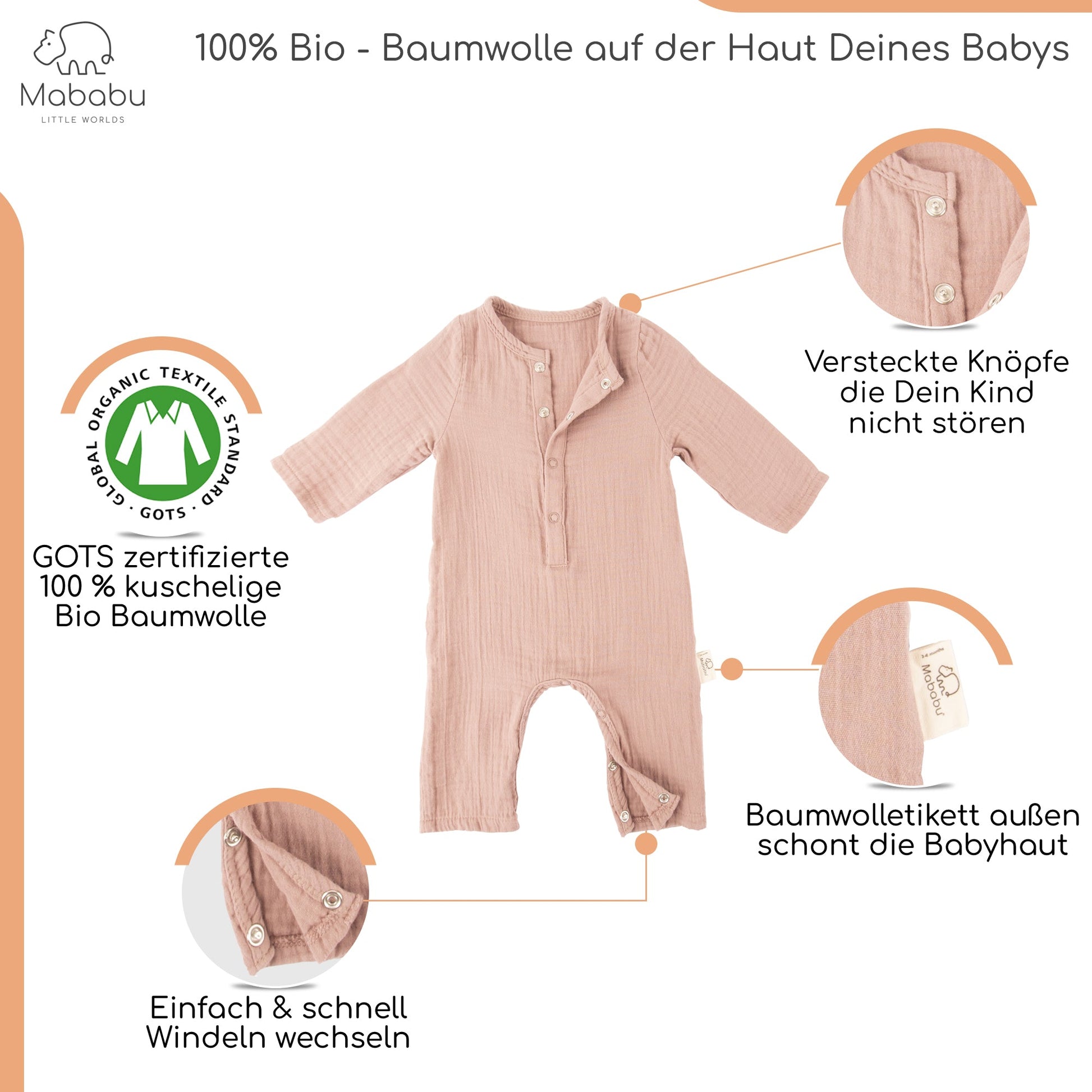 Geschenkset für Babys und Neugeborene aus wunderbar weichem Bio Musselin. Mit Strampler, Lätzchen und Mütze. #color_dusty-rose
