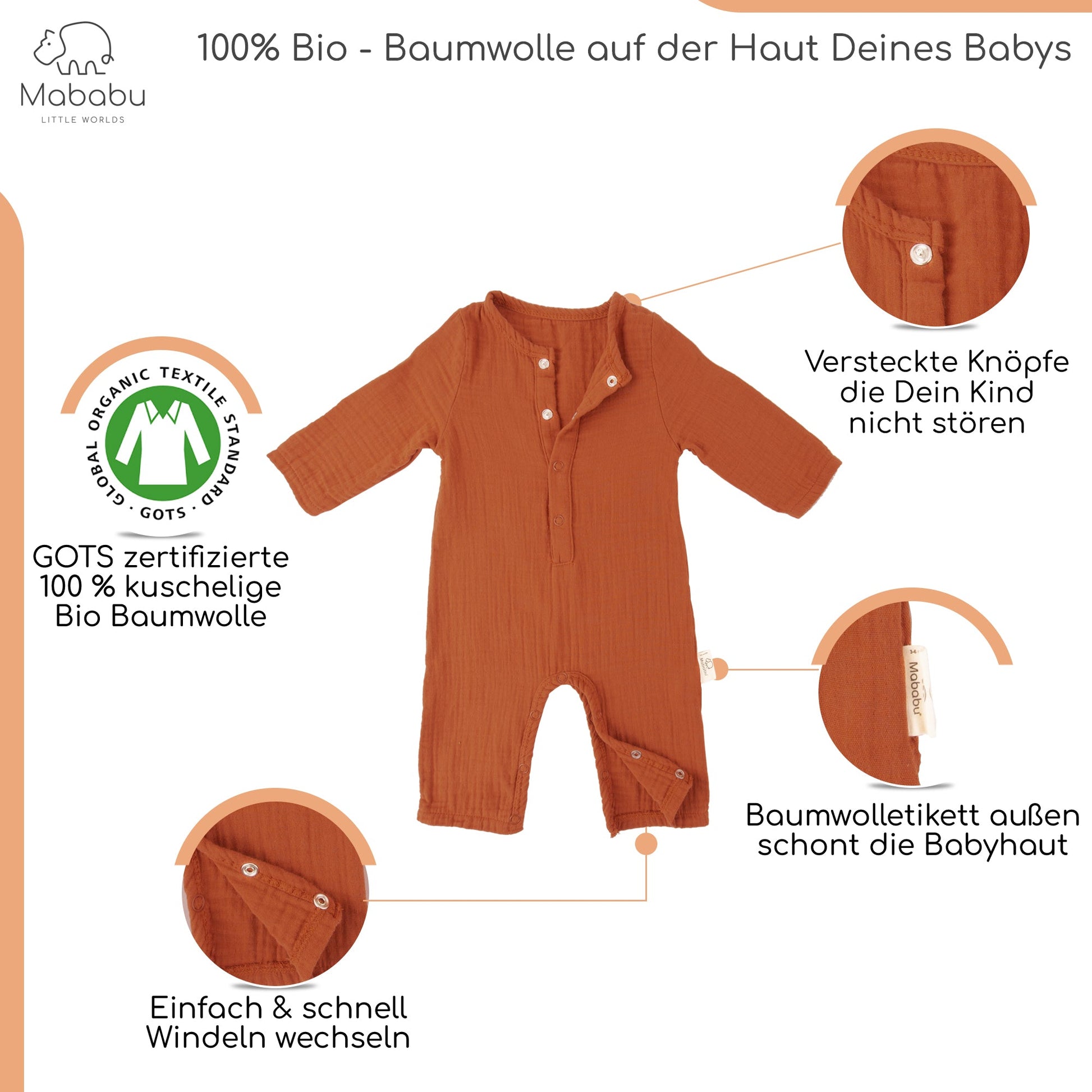 Geschenkset für Babys und Neugeborene aus wunderbar weichem Bio Musselin. Mit Strampler, Lätzchen und Mütze. #color_rust