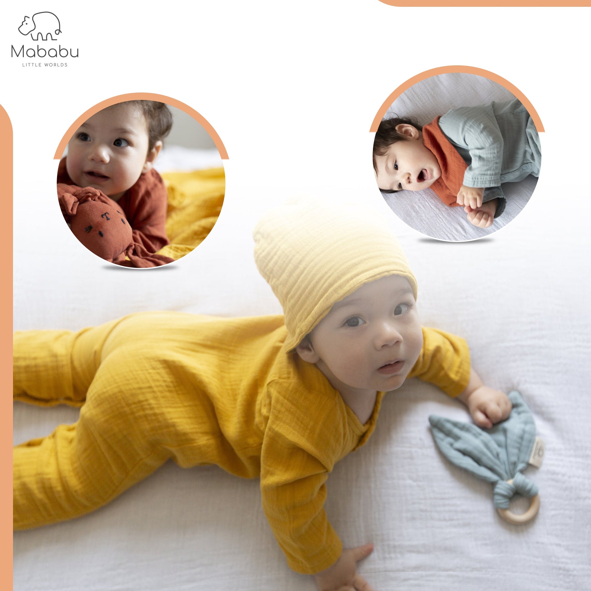 Geschenkset für Babys und Neugeborene aus wunderbar weichem Bio Musselin. Mit Strampler, Lätzchen und Mütze. #color_mustard