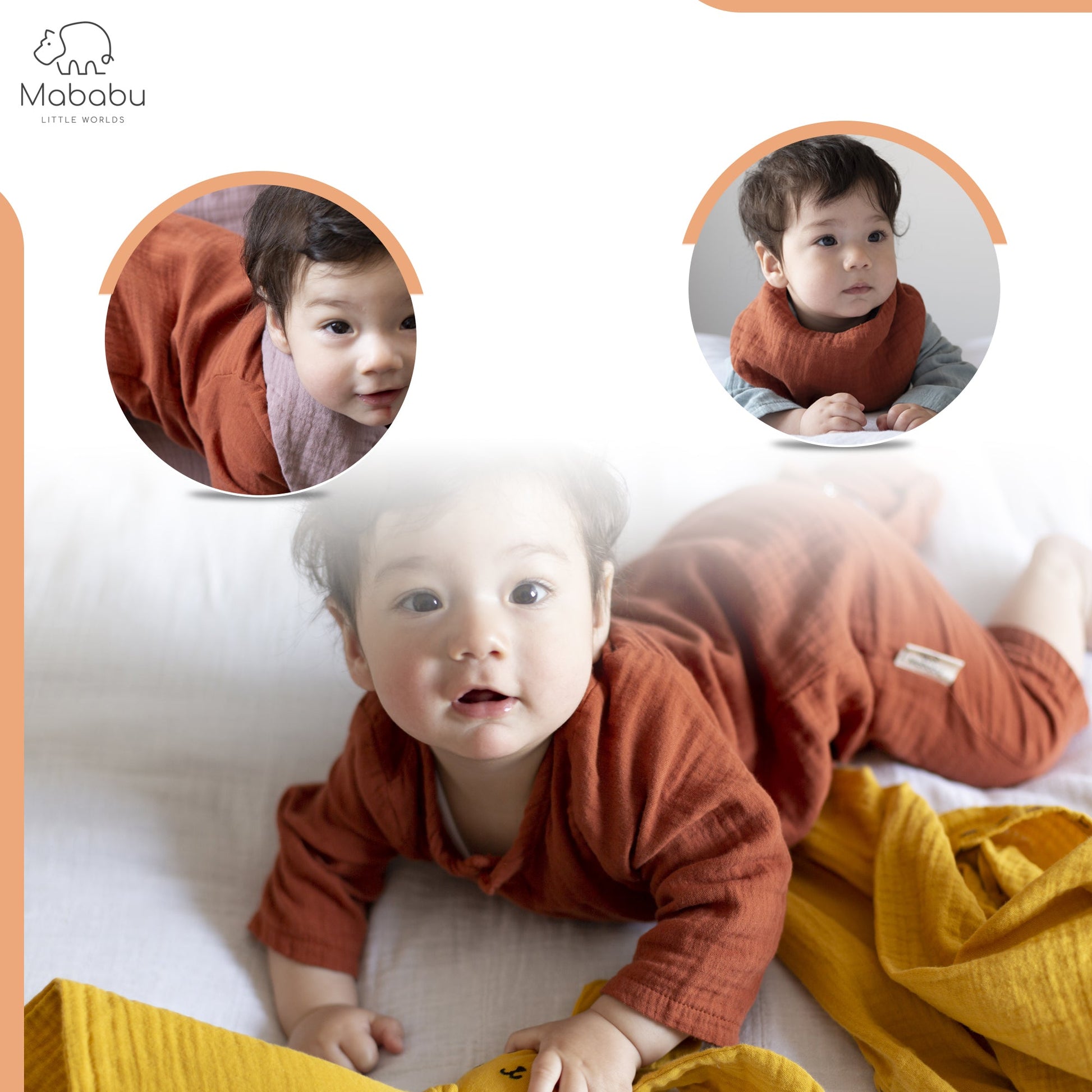 Geschenkset für Babys und Neugeborene aus wunderbar weichem Bio Musselin. Mit Strampler, Lätzchen und Mütze. #color_rust