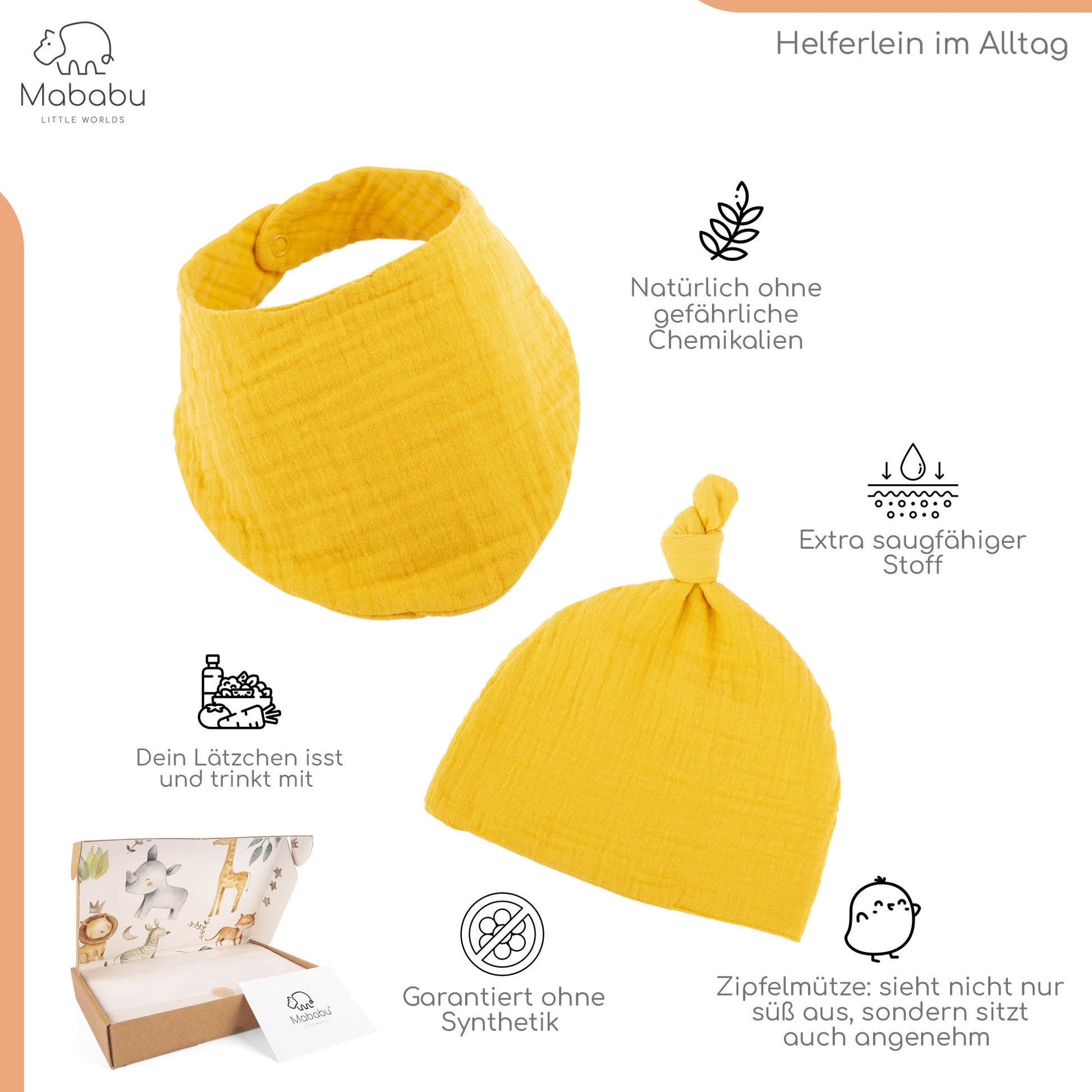 Geschenkset für Babys und Neugeborene aus wunderbar weichem Bio Musselin. Mit Strampler, Lätzchen und Mütze. #color_mustard