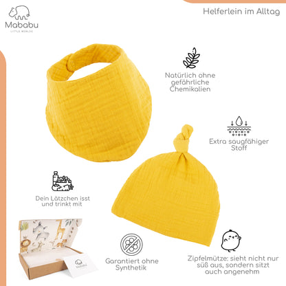 Geschenkset für Babys und Neugeborene aus wunderbar weichem Bio Musselin. Mit Strampler, Lätzchen und Mütze. 