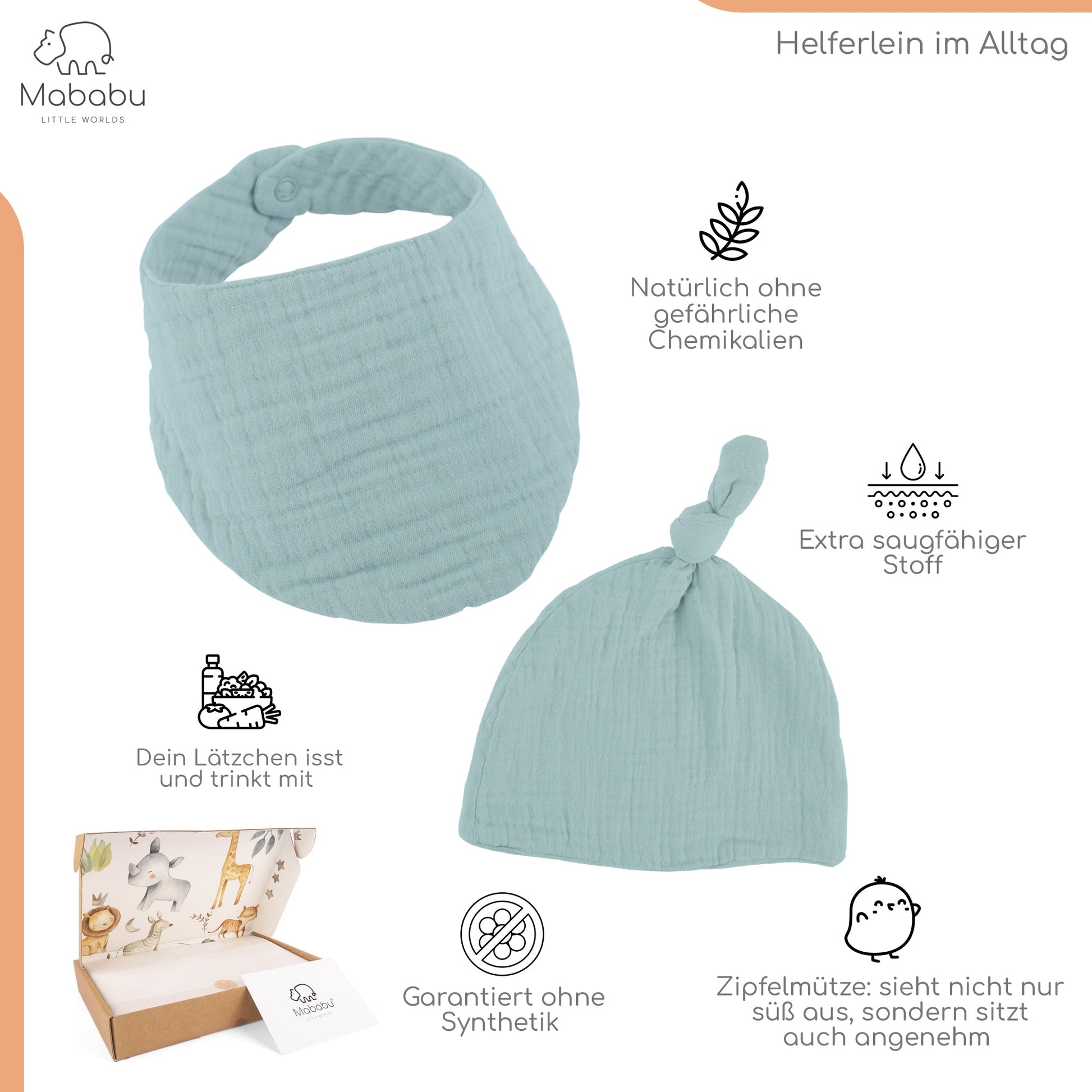 Geschenkset für Babys und Neugeborene aus wunderbar weichem Bio Musselin. Mit Strampler, Lätzchen und Mütze. #color_sea-green