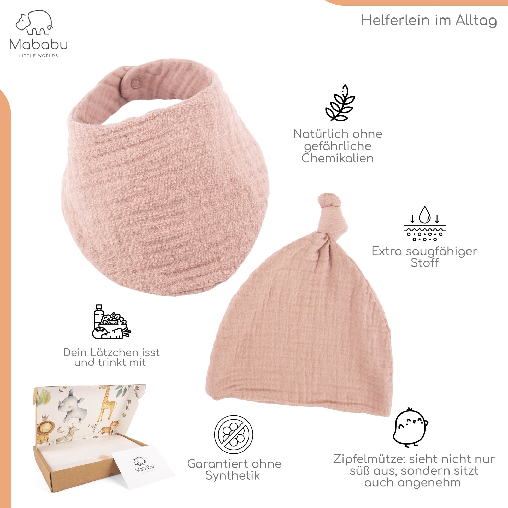 Geschenkset für Babys und Neugeborene aus wunderbar weichem Bio Musselin. Mit Strampler, Lätzchen und Mütze. #color_dusty-rose