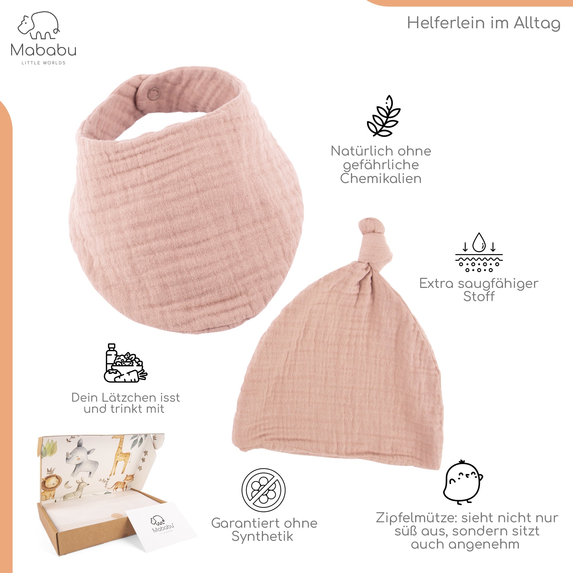 Geschenkset für Babys und Neugeborene aus wunderbar weichem Bio Musselin. Mit Strampler, Lätzchen und Mütze. 