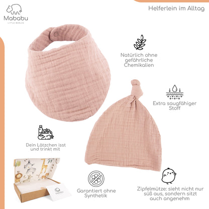 Geschenkset für Babys und Neugeborene aus wunderbar weichem Bio Musselin. Mit Strampler, Lätzchen und Mütze. 