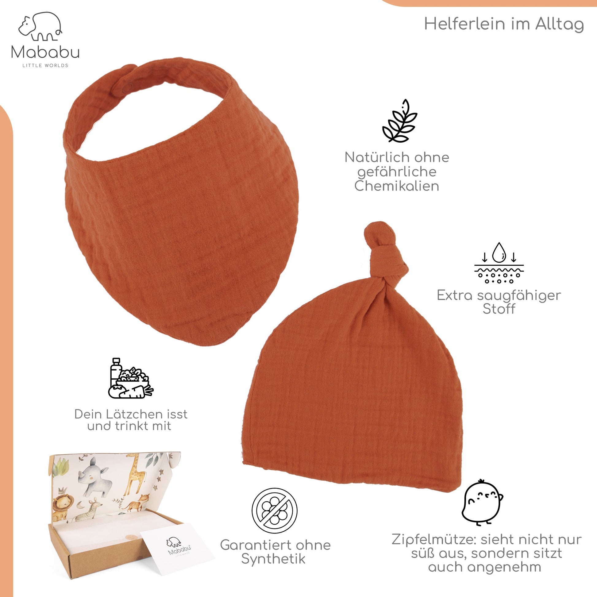 Geschenkset für Babys und Neugeborene aus wunderbar weichem Bio Musselin. Mit Strampler, Lätzchen und Mütze. #color_rust