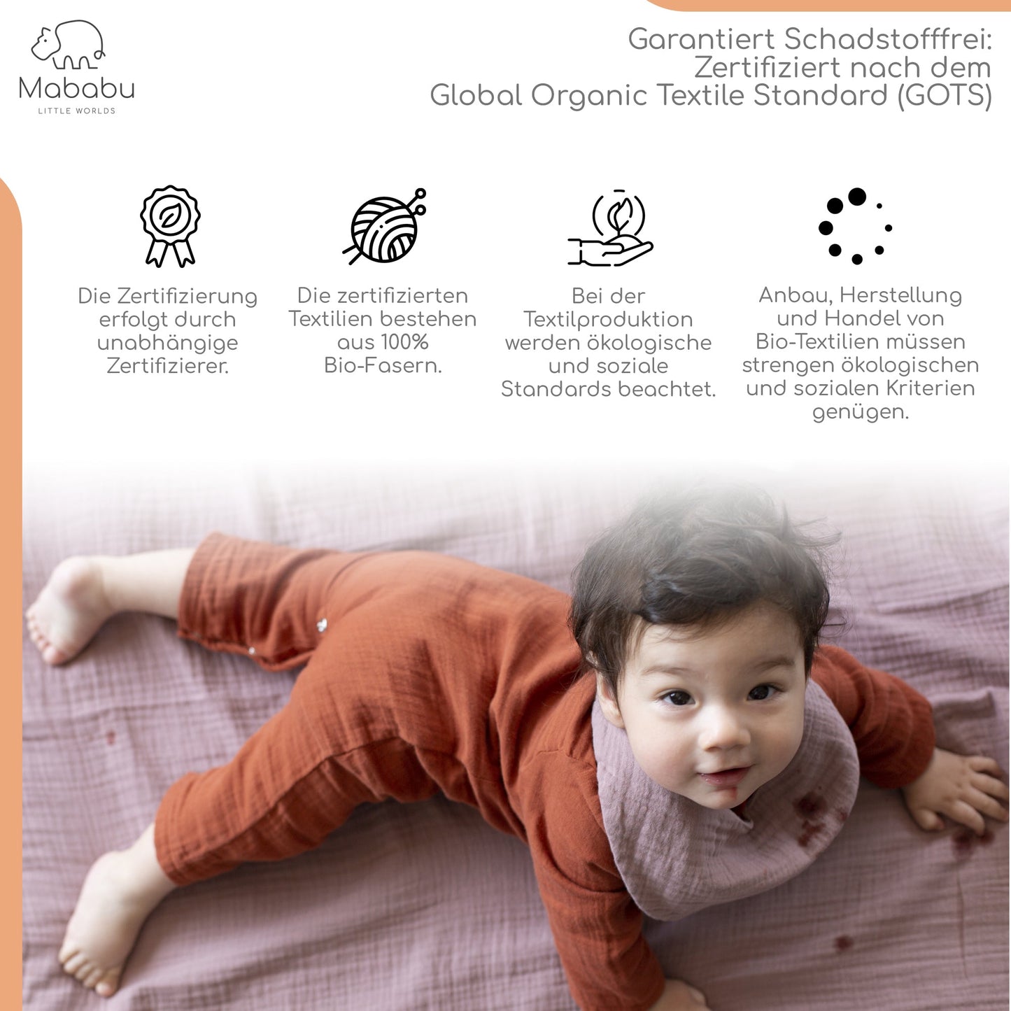 Geschenkset für Babys und Neugeborene aus wunderbar weichem Bio Musselin. Mit Strampler, Lätzchen und Mütze. #color_rust