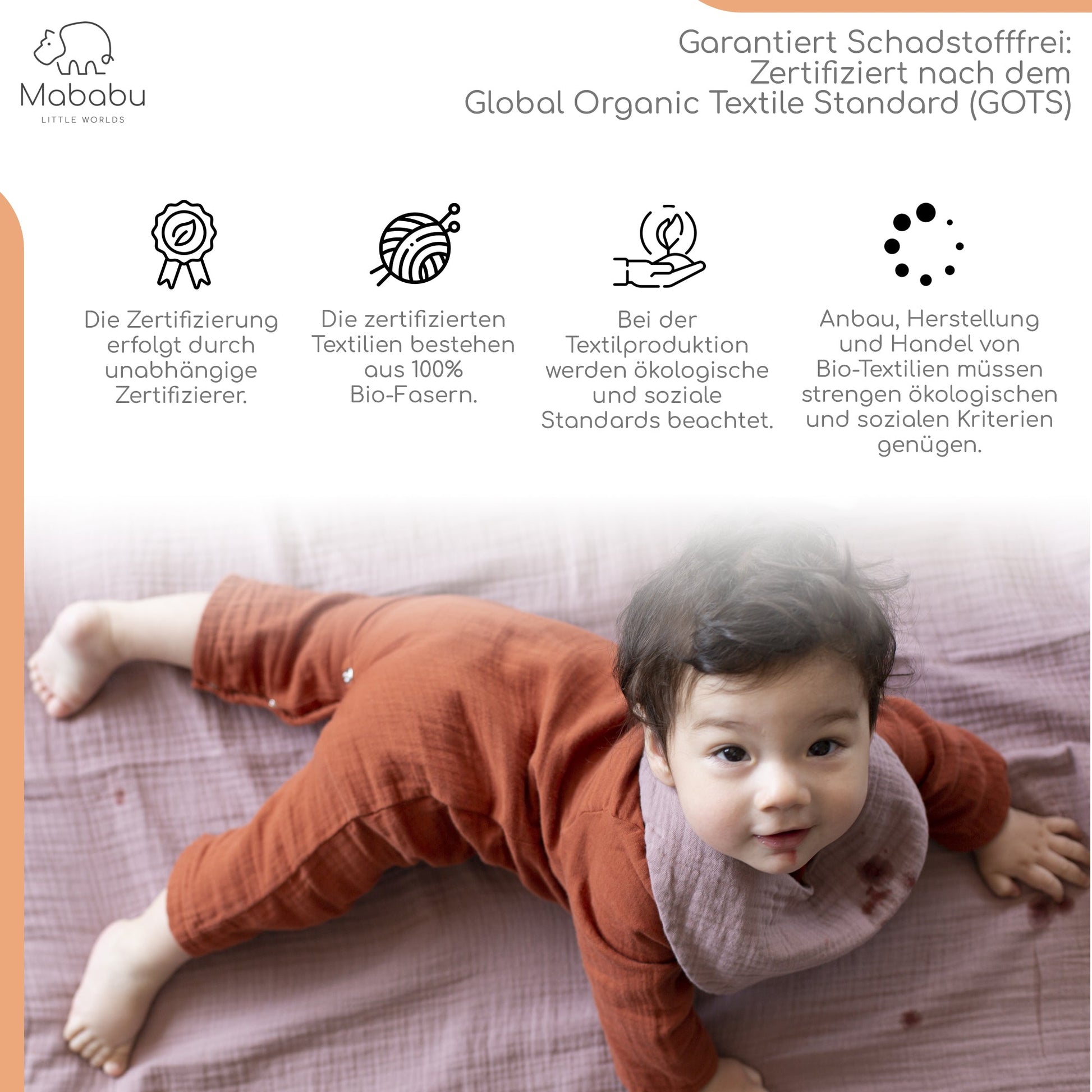 Geschenkset für Babys und Neugeborene aus wunderbar weichem Bio Musselin. Mit Strampler, Lätzchen und Mütze. #color_rust