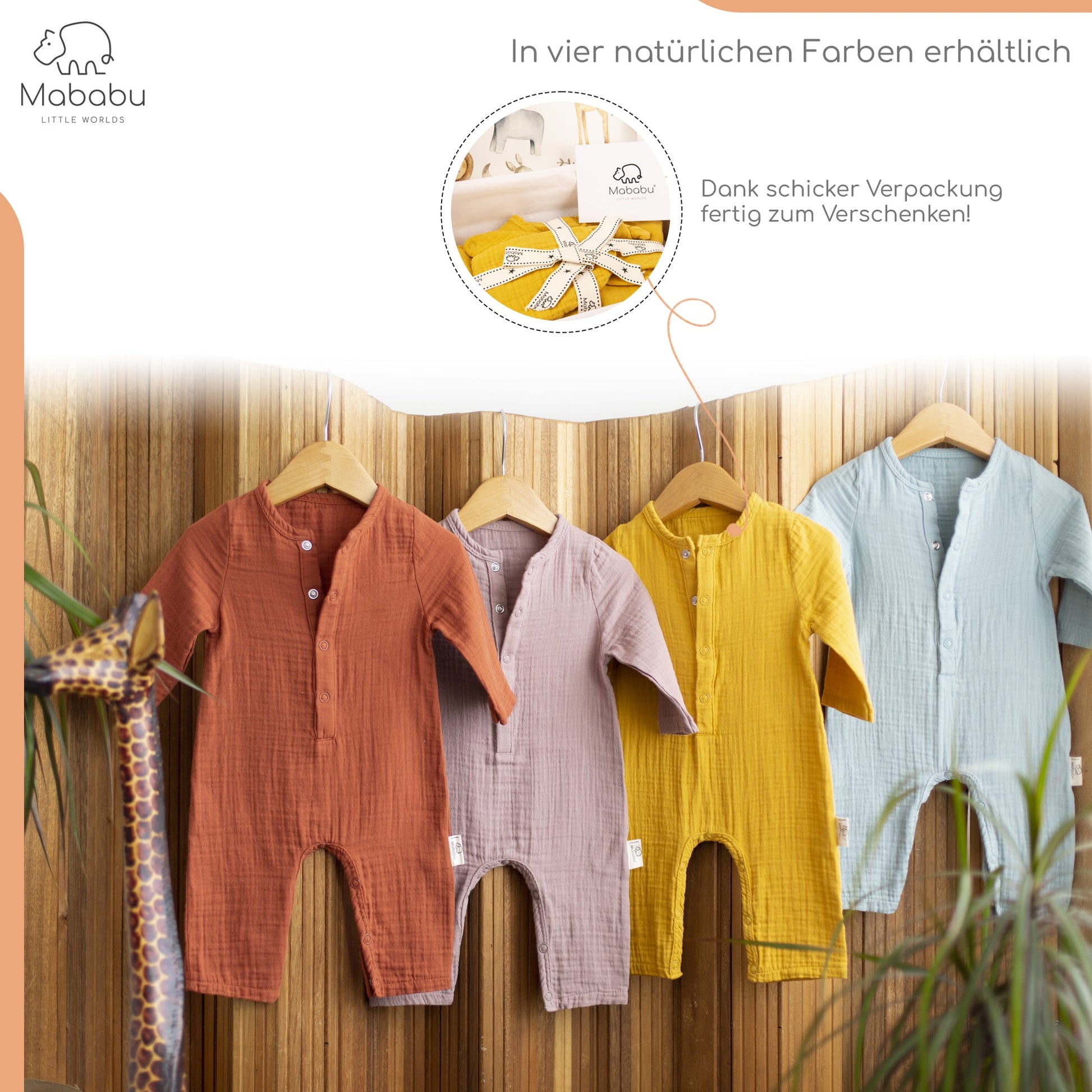 Geschenkset für Babys und Neugeborene aus wunderbar weichem Bio Musselin. Mit Strampler, Lätzchen und Mütze. #color_mustard