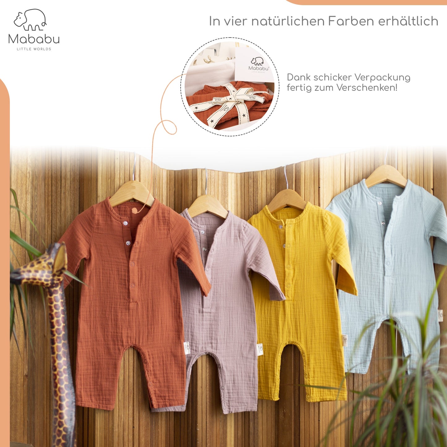 Geschenkset für Babys und Neugeborene aus wunderbar weichem Bio Musselin. Mit Strampler, Lätzchen und Mütze. #color_rust